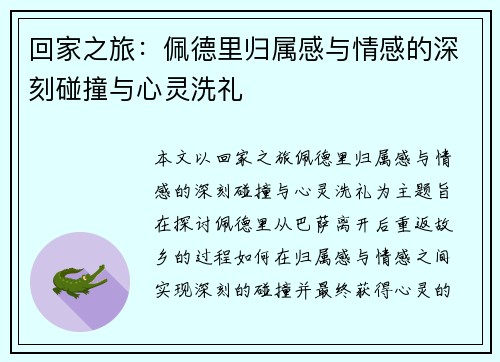 回家之旅：佩德里归属感与情感的深刻碰撞与心灵洗礼